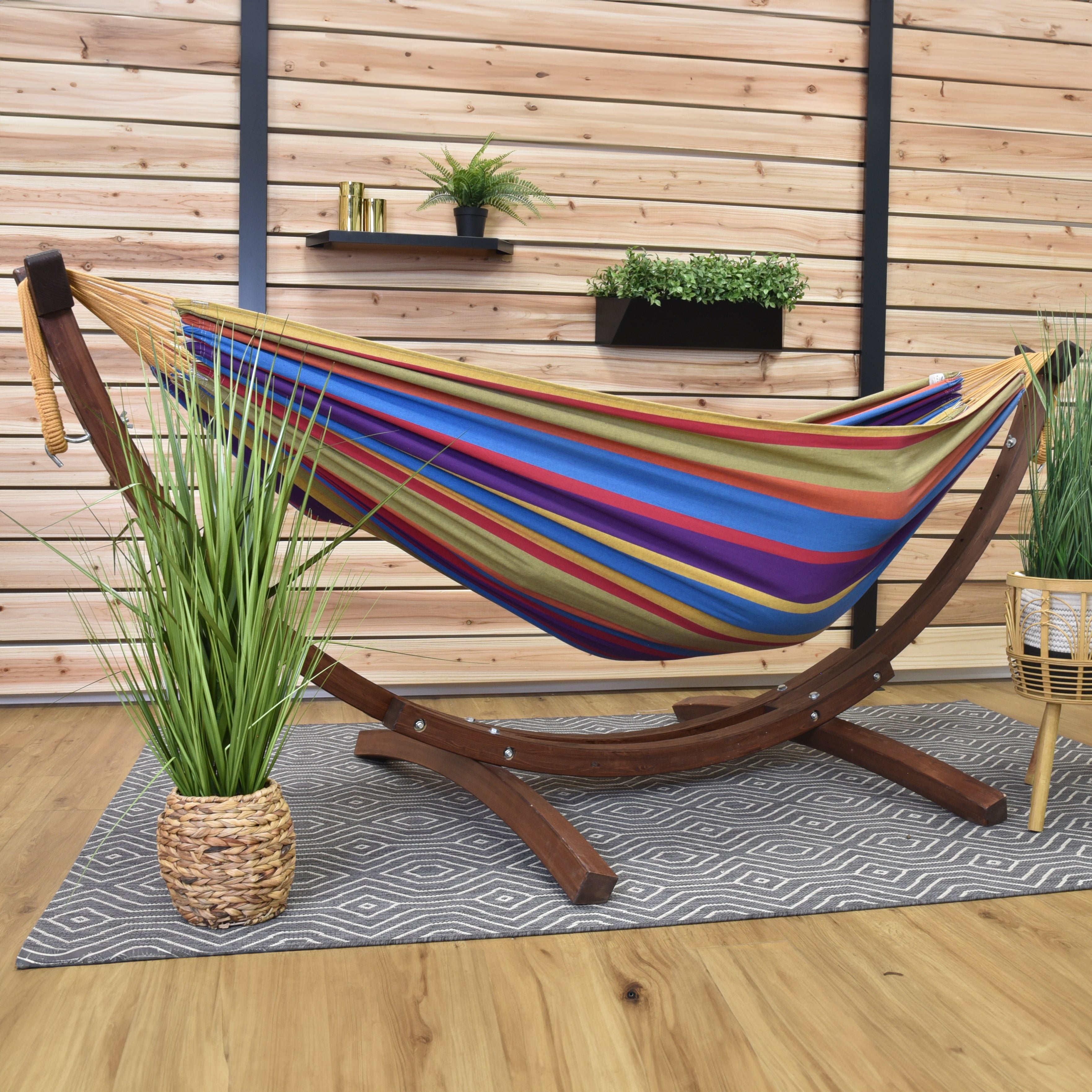 Double Cotton Hammock with Solid Pine Stand (260cm) - Tropical