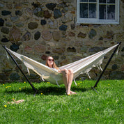 Double Cotton Hammock with Stand (280cm) - Natural with Fringe