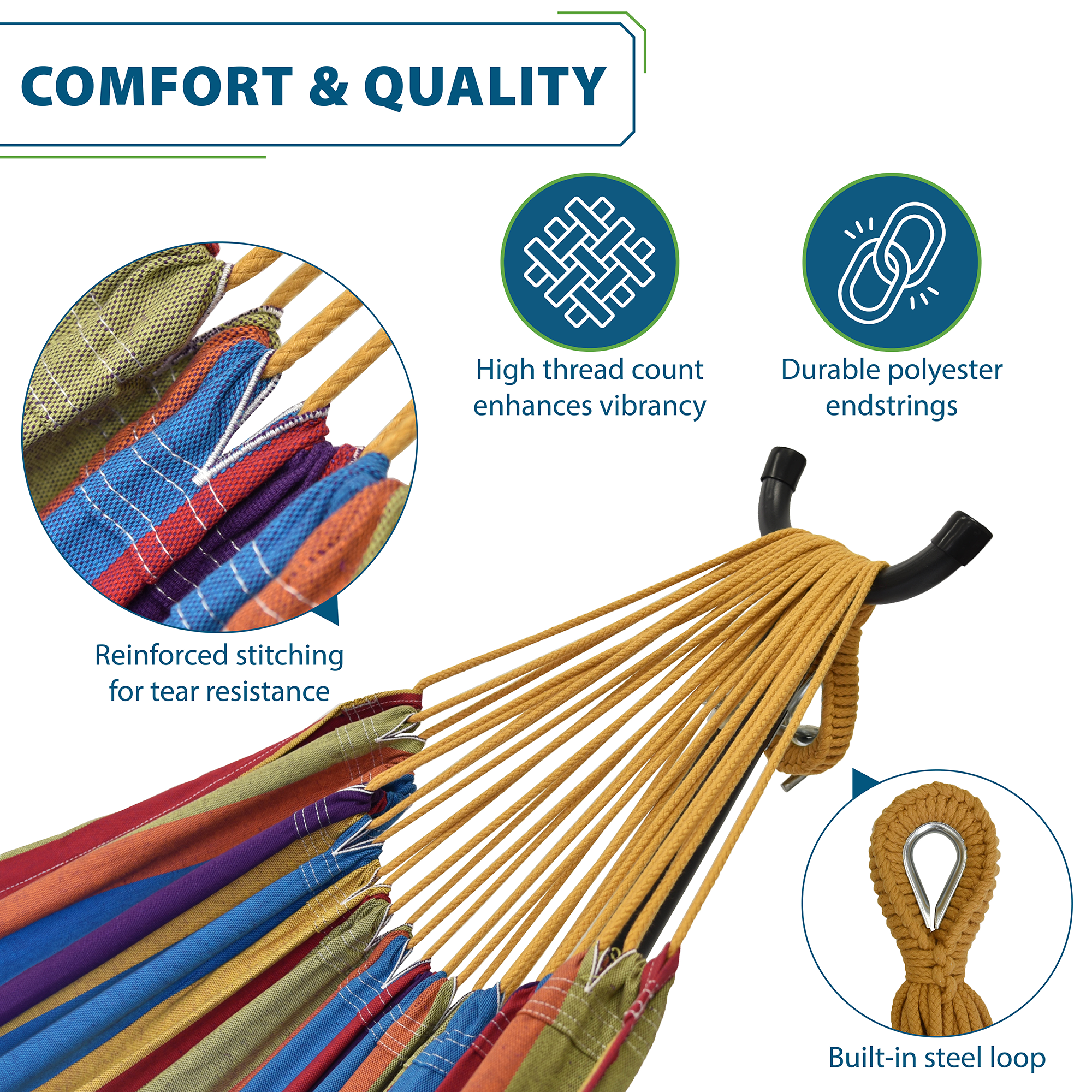 Double Cotton Hammock with Solid Pine Stand (260cm) - Tropical